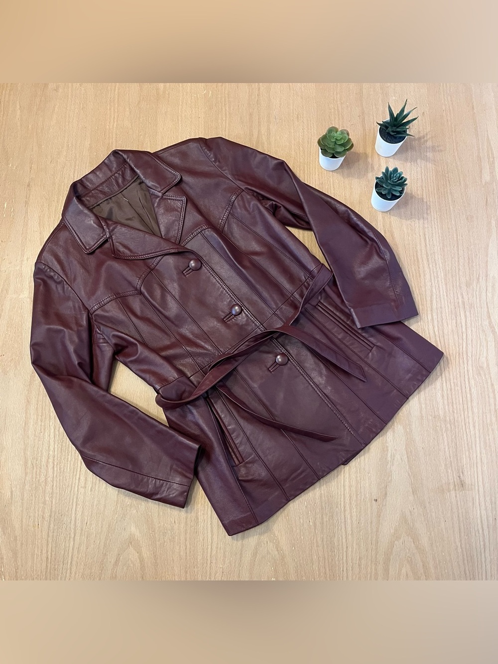 Vintage Olympic Burgundy / Brown Belted Leather Jacket